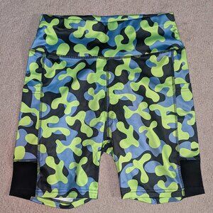 Ladies purple and green camo biker shorts